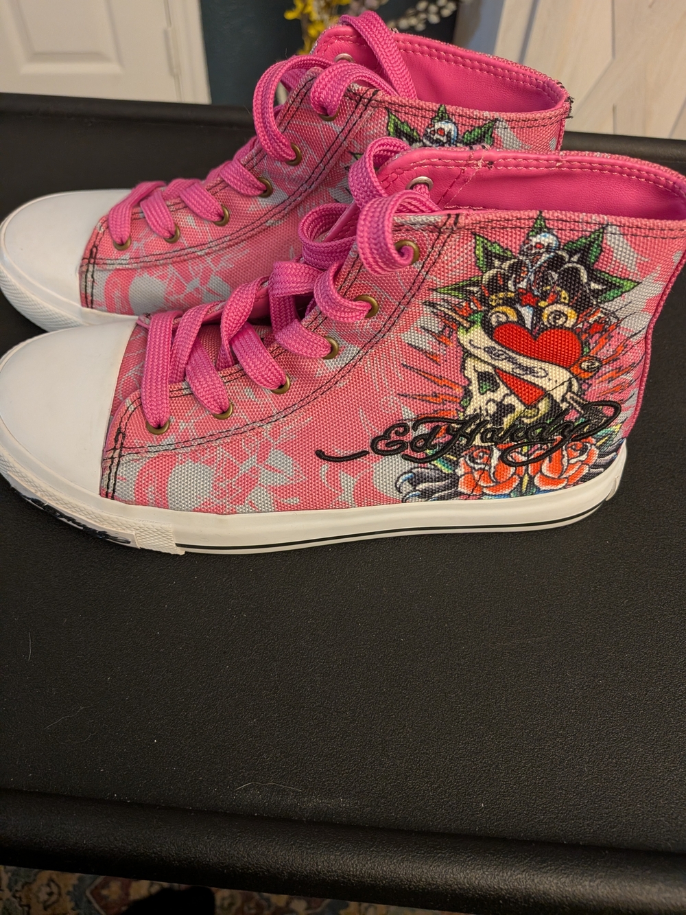 Ed Hardy Side Skull Kids Pink Canvas High Top Sneakers Tattoo Style US 3